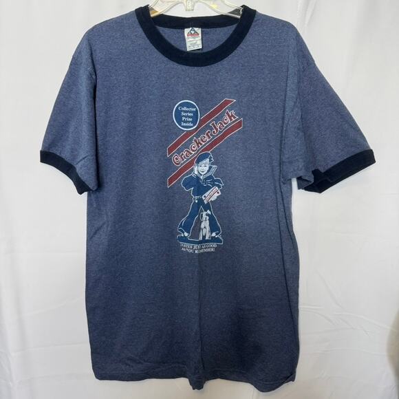 Cracker Jack Vintage Ringer T-Shirt Large Navy Blue Retro Graphic Alstyle Tee - Picture 1 of 7